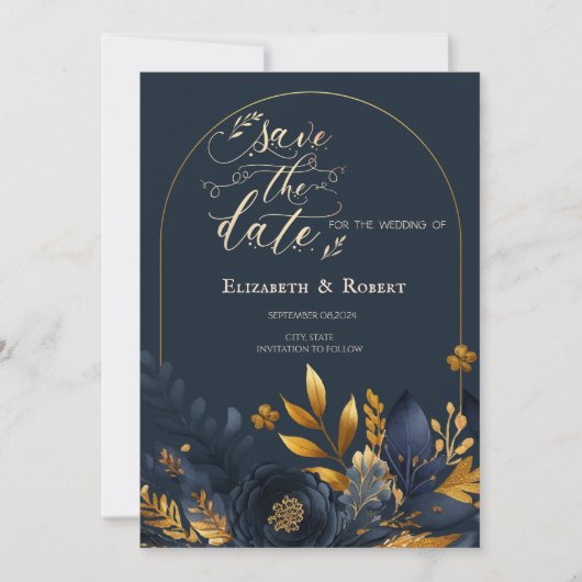 Navy Blauwe Bloemen Gouden Bladeren Save The Date (Voorkant)