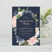 Navy blauwe bloemenkrans verlovingsfeest kaart (Staand voorkant)