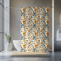 Navy Blauwe Bloemige Boho Terracotta Accent Gordij
