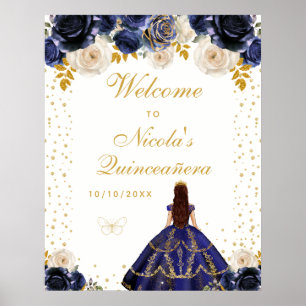 Navy Blauwe Bloemige Prinses Quinceañera Welkom Poster