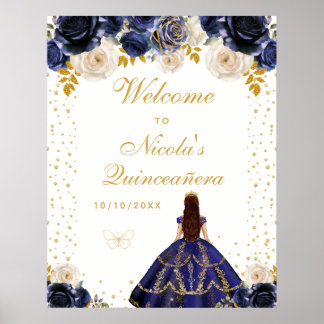 Navy Blauwe Bloemige Prinses Quinceañera Welkom Poster