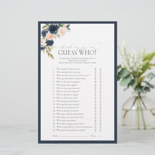 Navy Blauwe Blush Roze Aquarel Bruidsdouche Spel (Staand voorkant)