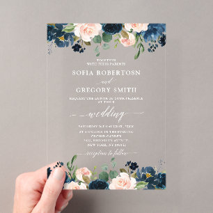 Navy Blauwe Blush Roze Boho Bruiloft Acryl Uitnodigingen