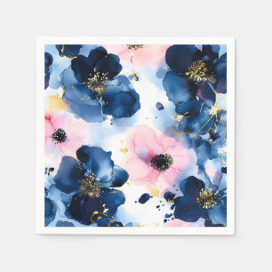 Navy Blauwe Blush Roze Gouden Waterverf Bloemen Servet