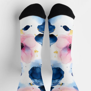 Navy Blauwe Blush Roze Gouden Waterverf Bloemen Sokken