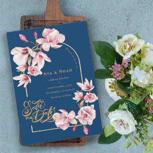 Navy Blauwe Blush Roze Magnolia Bloemige Save the  Kaart