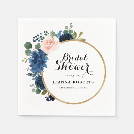 Navy Blauwe Blush Roze Roos Botanisch Servet (Voorkant)