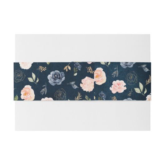 Navy Blauwe Blush Roze Roos Botanisch Uitnodigingen Wikkel (Achterkant Voorbeeld)