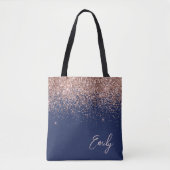 Navy Blauwe Blush Roze Rose Goud Glitter Monogram Draagtas (Voorkant)
