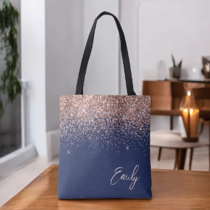 Navy Blauwe Blush Roze Rose Goud Glitter Monogram Draagtas
