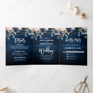Navy Blauwe Blush Roze Slingerlichten Drie-delig H Drieluik Aankondiging