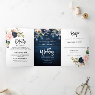 Navy Blauwe Blush Roze Slingerlichten Drie-delig H Drieluik Aankondiging