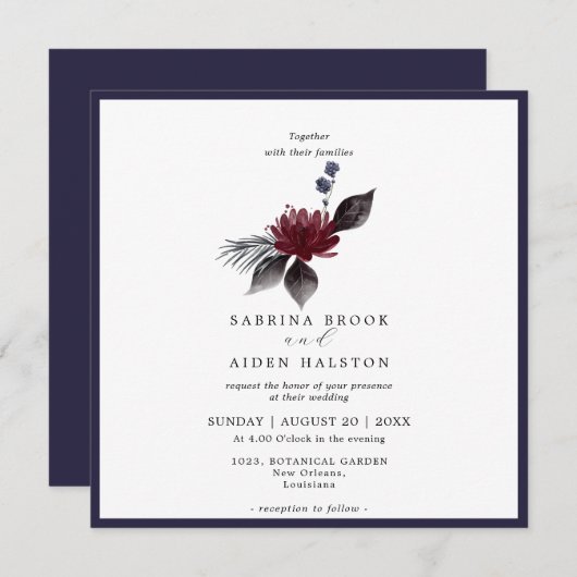 Navy Blauwe Bordeaux Rood Gotische Bloem Bruiloft Kaart (Voorkant / Achterkant)