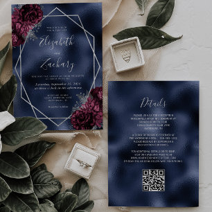Navy Blauwe Bordeaux Zilveren Bloemencode QR Huwel Kaart