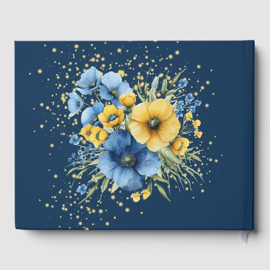 Navy Blauwe en Gele Bloemen Gouden Bruiloft Gastenboek (Achterkant)