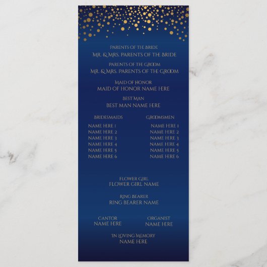 Navy Blauwe en Gouden Confetti Stippen - Programma (Achterkant)
