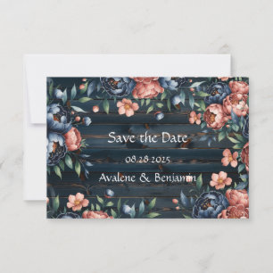 Navy Blauwe en Koperen Pioenboeket Houten Bruiloft Save The Date