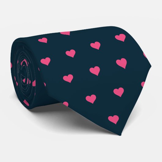 Navy Blauwe en Roze Hartjes Heren Das (Opgerold)