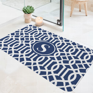 Navy Blauwe en Witte Trellis Monogram Badmat