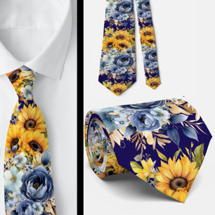 Navy Blauwe en Zonnebloemen Zijden Stropdas