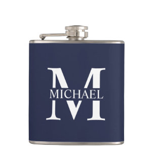 Navy Blauwe Gepersonaliseerde Monogram en Naam Fle Heupfles