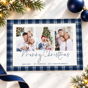 Navy Blauwe Geruite 3 Foto's Script Prettig Kerstf Feestdagenkaart