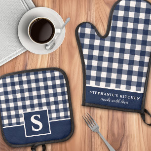 Navy Blauwe Gingham Geruite Geblokte Monogram Ovenwant & Pannenlap Set