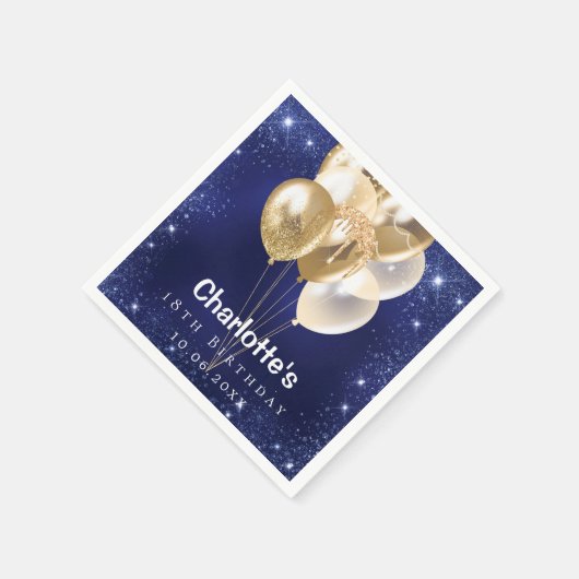 Navy blauwe glitter gouden ballonnen verjaardagsfe servet (Hoek)