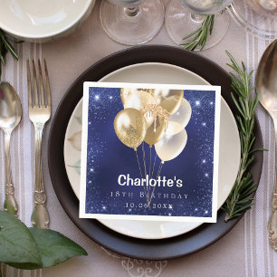 Navy blauwe glitter gouden ballonnen verjaardagsfe servet