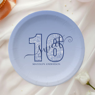 Navy Blauwe Glitter Schrift Sweet 16 Papieren Bordje