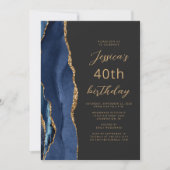 Navy Blauwe Goud Agaat Leisteen Schrift 40e Verjaa Kaart (Voorkant)