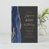 Navy Blauwe Goud Agaat Leisteen Schrift 40e Verjaa Kaart (Staand voorkant)