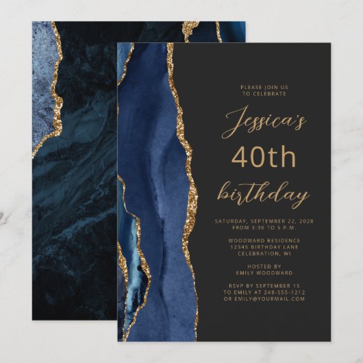 Navy Blauwe Goud Agaat Leisteen Schrift 40e Verjaa Kaart (Voorkant / Achterkant)