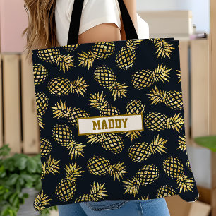 Navy Blauwe Gouden Ananas Patroon Monogram Draagtas