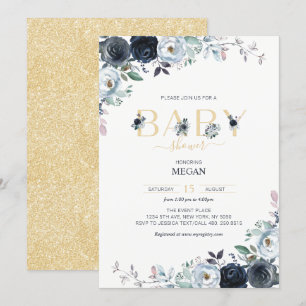 Navy Blauwe & Gouden Boho Bloemachtige Baby Shower Kaart