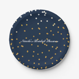Navy Blauwe & Gouden Confetti Stippen Moderne Chic Papieren Bordje