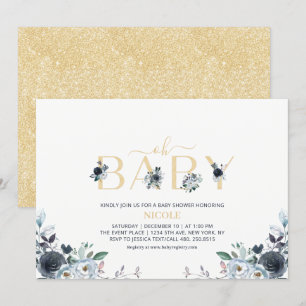 Navy Blauwe & Gouden Elegante Boho Bloemige Baby S Kaart