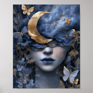 Navy Blauwe Gouden Fantasie Surrealistische Maan V Poster