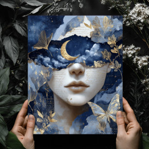 Navy Blauwe Gouden Fantasie Surrealistische Maan V Poster
