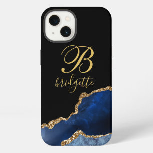 Navy Blauwe Gouden Glitter Agate Monogram iPhone 13 Hoesje