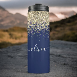 Navy Blauwe Gouden Glitter Meisjesachtige Fitness  Thermosbeker