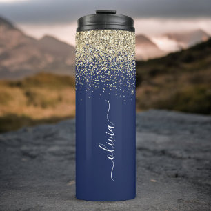 Navy Blauwe Gouden Glitter Meisjesachtige Monogram Thermosbeker