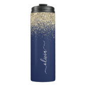 Navy Blauwe Gouden Glitter Meisjesachtige Monogram Thermosbeker (Voorkant)