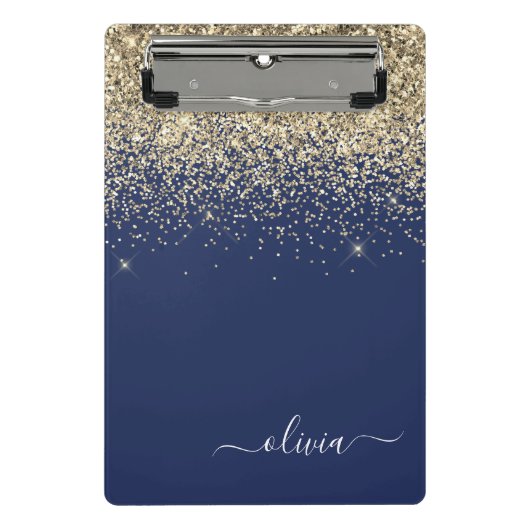 Navy Blauwe Gouden Glitter Meisjesnaam Monogram Mini Klembord (Voorkant)