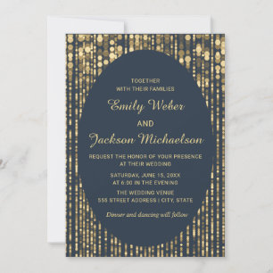 Navy Blauwe Gouden Glitter Slingerlicht Bruiloft Kaart