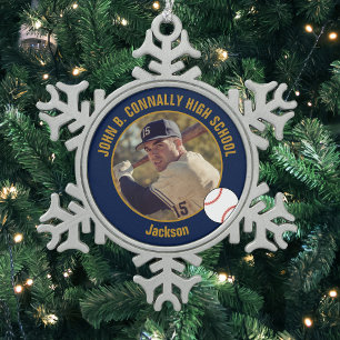Navy Blauwe Gouden Honkbalspeler Foto Hoge School Tin Sneeuwvlok Ornament