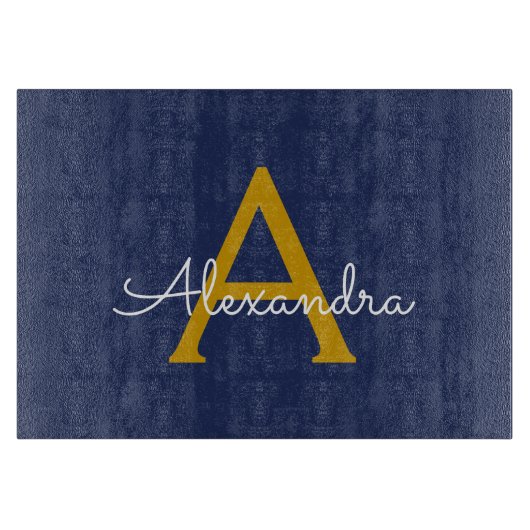 Navy Blauwe Gouden Moderne Script Meisjesnaam Mono Snijplank (Voorkant)