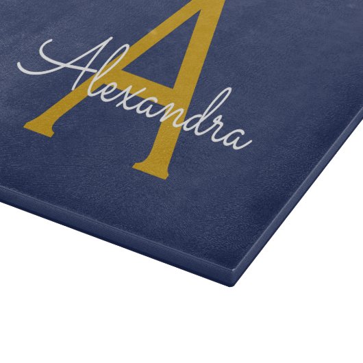 Navy Blauwe Gouden Moderne Script Meisjesnaam Mono Snijplank (Hoek)