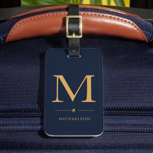 Navy Blauwe Gouden Monogram Bagage Label (Voorkant Insitu 2)