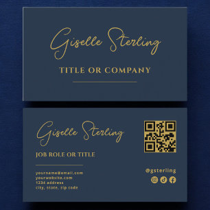 Navy Blauwe Gouden Professionele Bedrijfs Script Q Visitekaartje